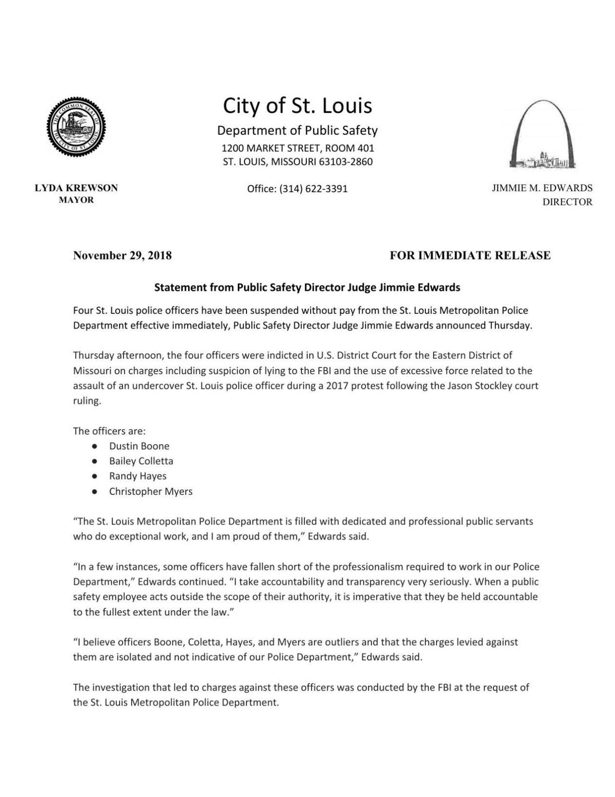 St. Louis public safety director's statement about indicted officers
