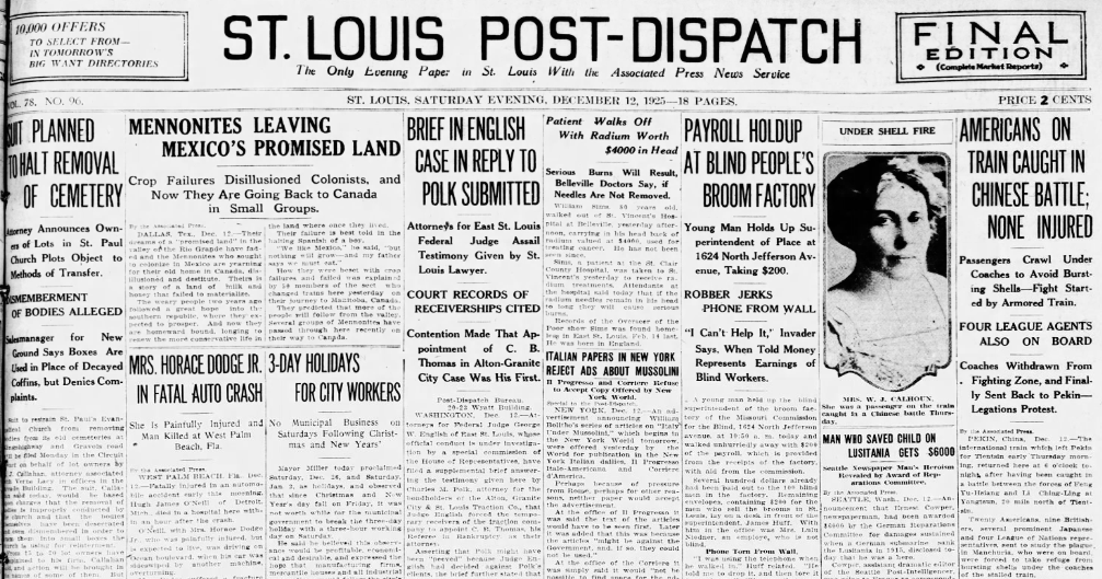 See the Dec. 12, 1925, front page: Suit planned to halt removal of cemetery