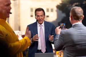Nick Saban prepares for a live broadcast of “College GameDay” Oct. 3, 2026 in downtown Iowa City, Iowa.