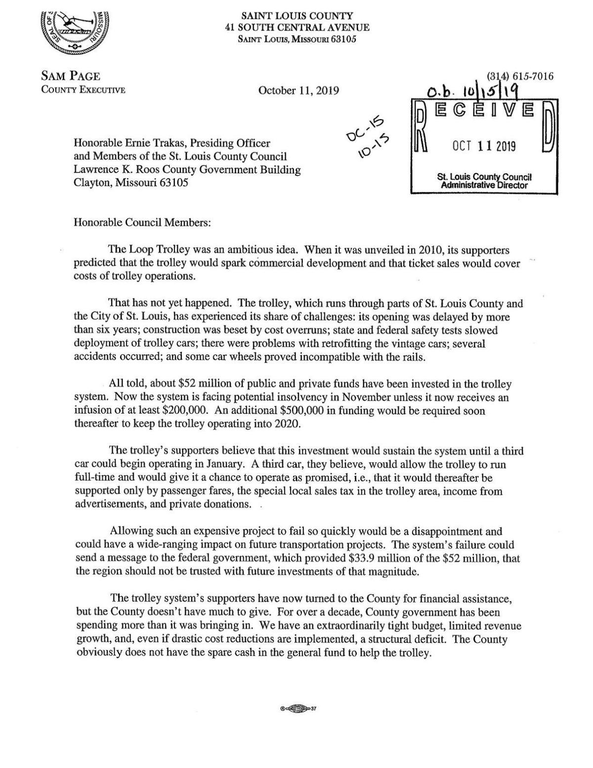 Sam Page S Letter To County Council About Loop Trolley Request For Funding Stltoday Com