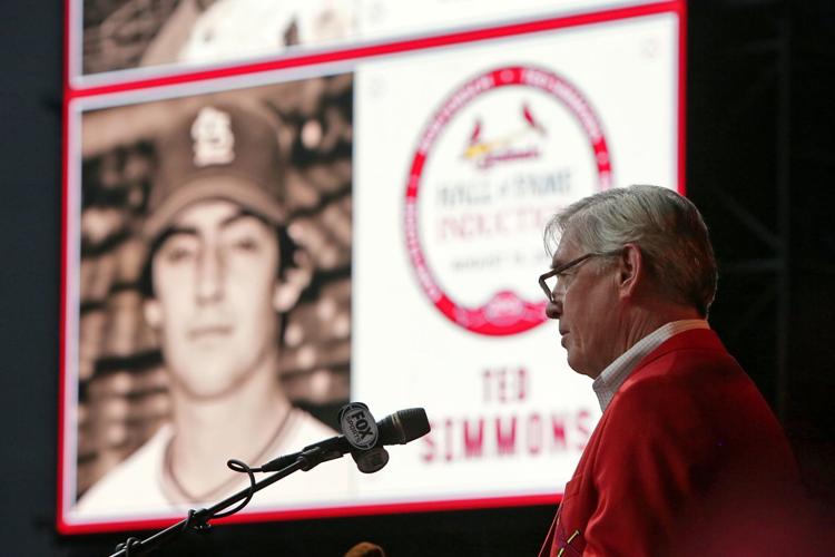 Former St. Louis Cardinals catcher Ted Simmons wears a Hall of Fame jersey  during the Major League Baseball winter meetings Monday, Dec. 9, 2019, in  San Diego. Simmons was elected into the
