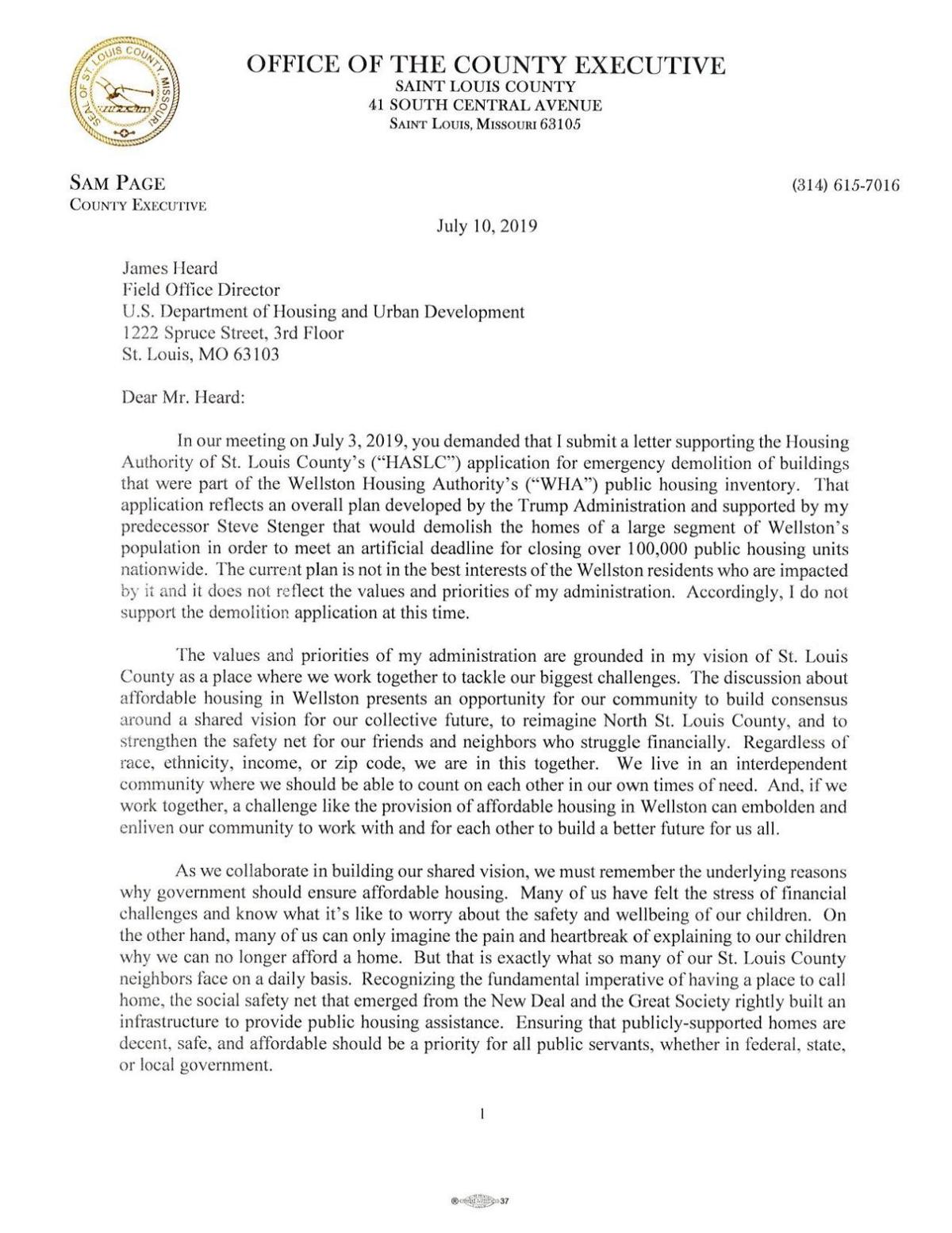Page letter to HUD on Wellston housing