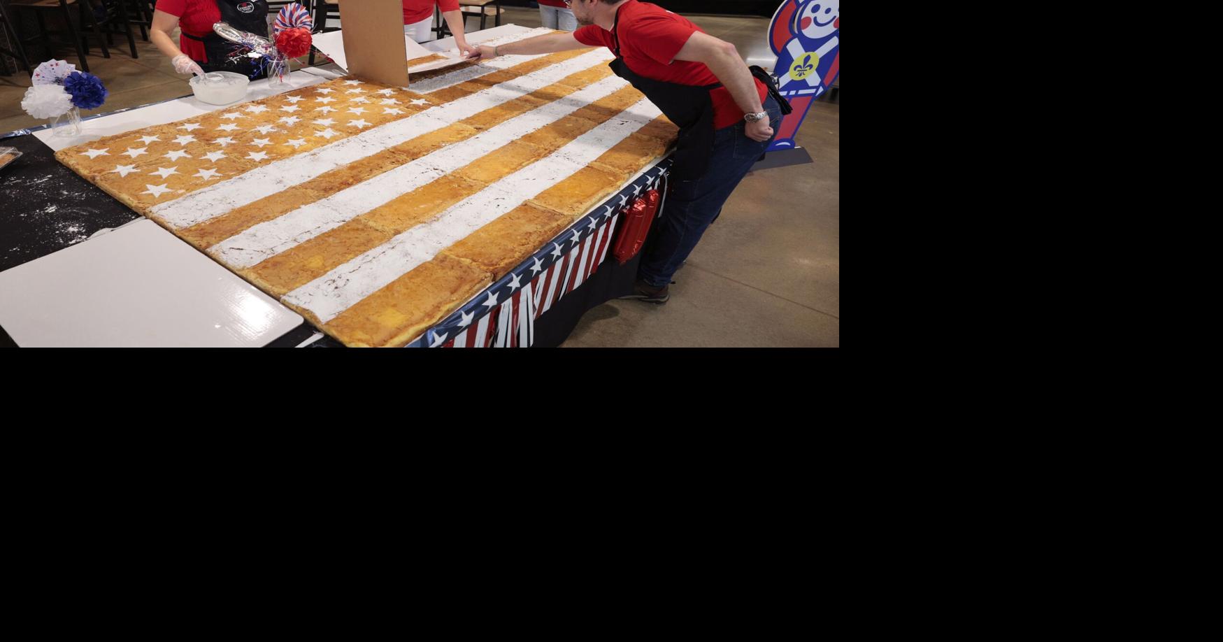 Schnucks chefs make 250 pounds of gooey butter cake for the nation's 250th birthday
