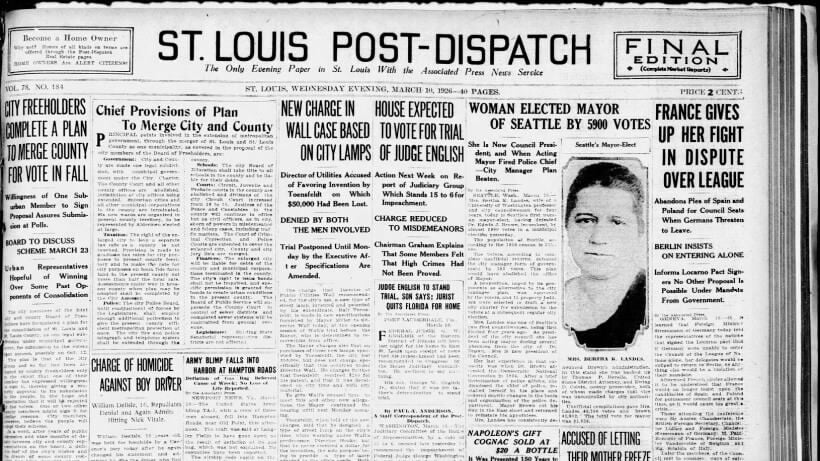 stltoday.com - Post-Dispatch archives - See the March 10, 1926, front page: Freeholders complete a city-county merger plan