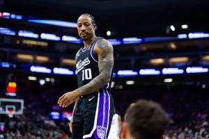 Jan 20, 2026; Sacramento, California, USA; Sacramento Kings guard DeMar DeRozan (10) looks at Miami Heat guard Pelle Larsson (9) after a play during the second quarter at Golden 1 Center. Mandatory Credit: Sergio Estrada-Imagn Images