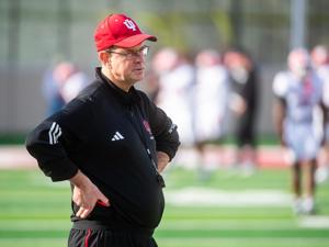 Indiana Head Coach Curt Cignetti watches the quarterbacks during spring practice at Memorial Stadium on Tuesday, March 31, 2026.