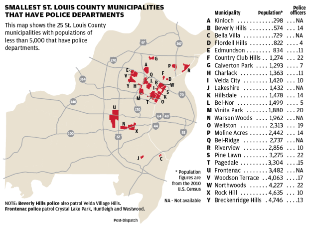 Small Municipal Police Departments in St. Louis County map