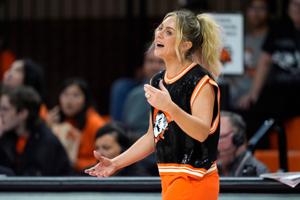 Oklahoma State coach Jacie Hoyt talks woth an official during a women's college basketball game between the Oklahoma State Cowgirls (OSU) and the Houston Cougars at Gallagher-Iba Arena in Stillwater, Saturday, Jan. 3, 2026.