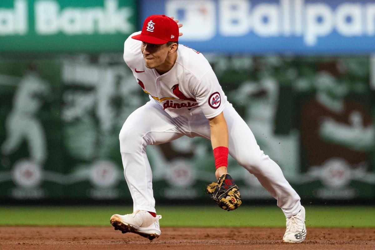 St. Louis Cardinals new right fielder Lars Nootbaar checks his bat before  stepping into the batters box against the Pittsburgh Pirates in the second  inning at Busch Stadium in St. Louis on