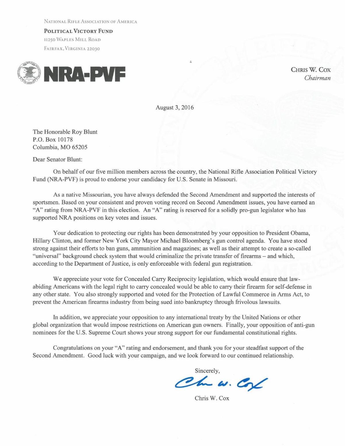 NRA letter endorsing Roy Blunt for Senate re-election | | 0