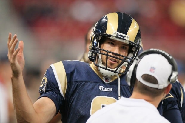 St. Louis Rams quarterback Sam Bradford gets sacked on a third