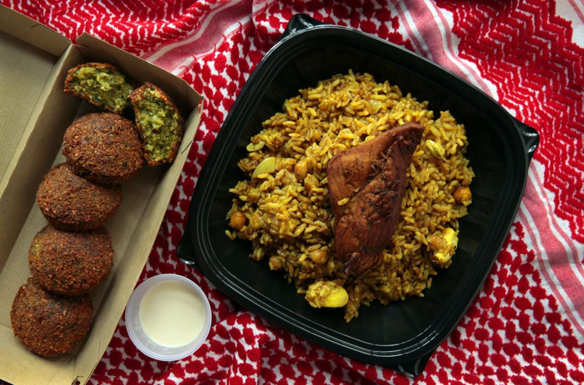 Qidreh rice with chicken and falafel bites, from American Falafel in the Loop