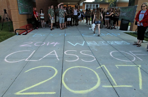 Kirkwood seniors give a "Boot Camp" welcome to  incoming students on the first day