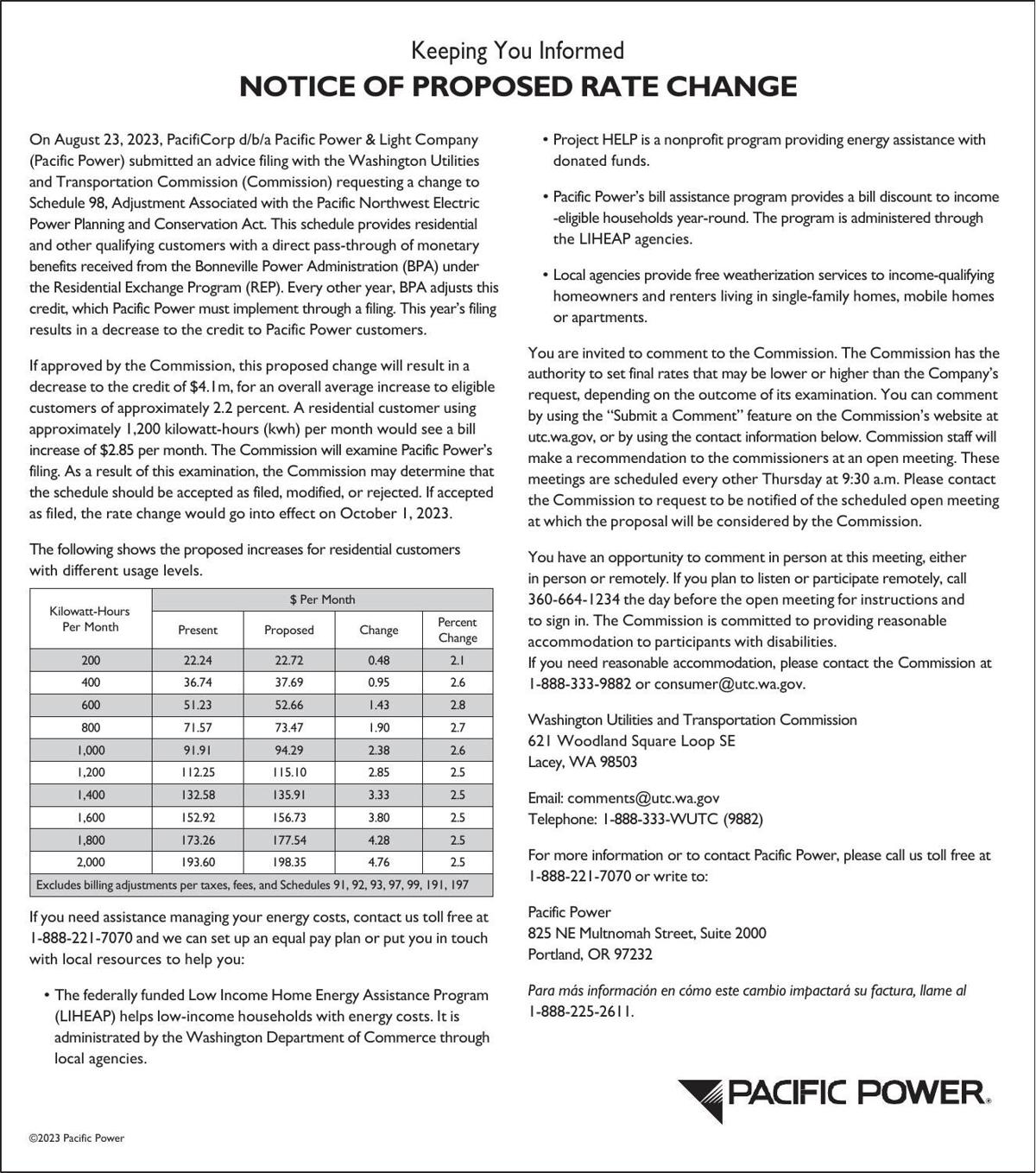 Pacific Power announces notice of proposed rate change News