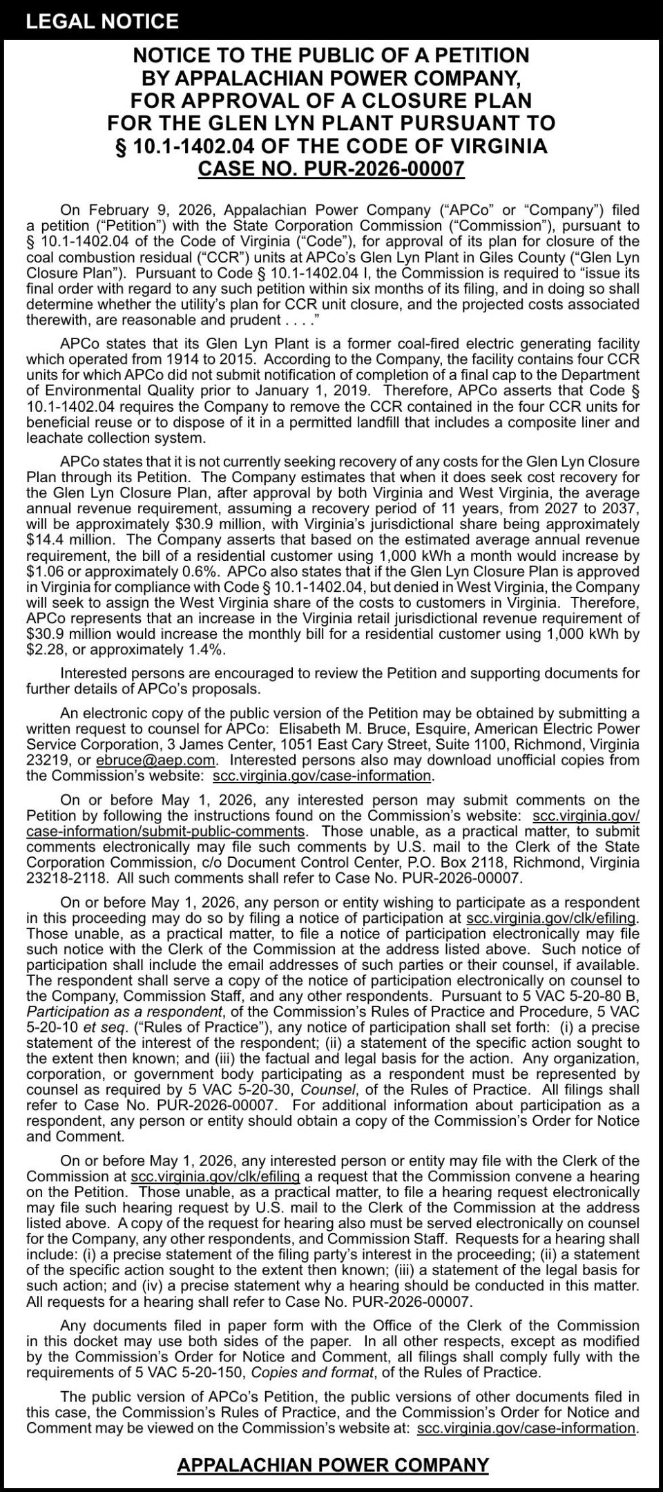 VPS LEGALS/PUBLIC NOTICES - CVA