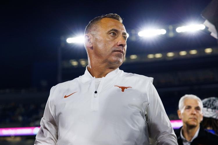 Oct 18, 2025; Lexington, Kentucky, USA; Texas Longhorns head coach Steve Sarkisian is interviewed by the media after the game against the Kentucky Wildcats at Kroger Field. Mandatory Credit: Jordan Prather-Imagn Images