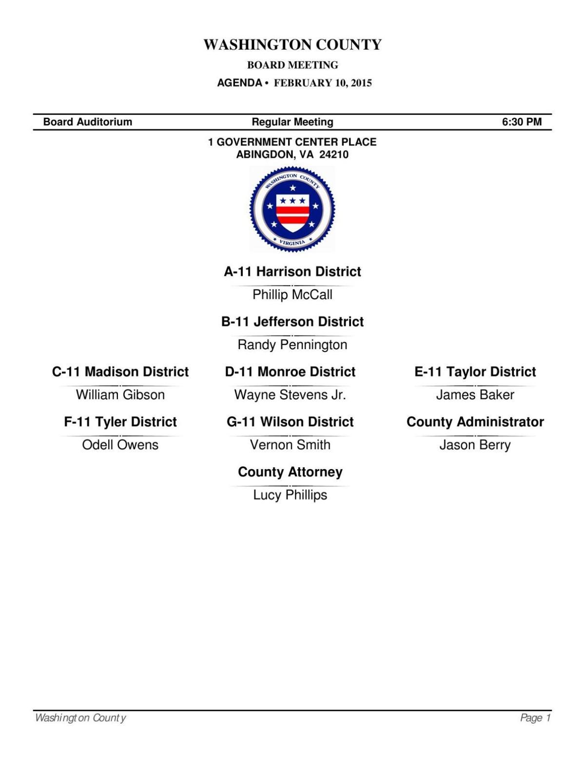 Feb. 10 Washington County Board of Supervisors meeting agenda