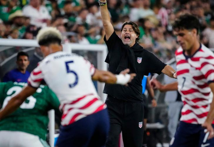 USA manager Mauricio Pochettino yells to his players during an international friendly match against Mexico at State Farm Stadium