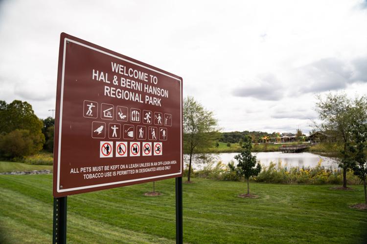 A sign for Hal & Berni Hanson Regional Park is visible Sept. 28, 2026. The construction of the 257-acre regional park was made possible by tax revenue from data centers in the region, according to local officials. Despite the economic benefits the industry