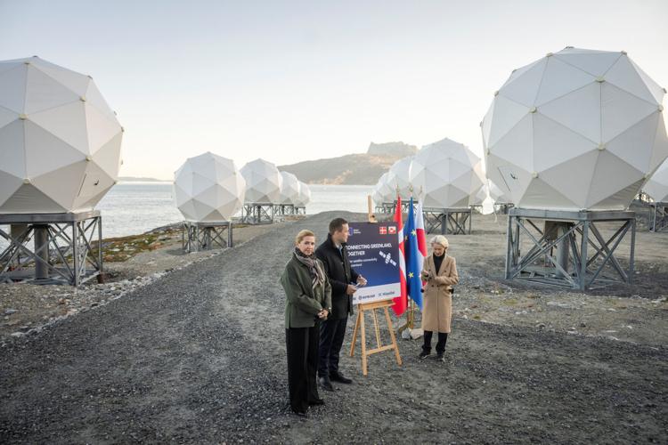 Danish PM Frederiksen, EU President Leyen and Greenland's PM Nielsen visit Eutelsat OneWeb in Nuuk