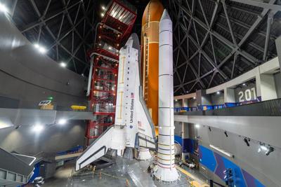 A view of the space shuttle Endeavour during a tour and preview of the new Samuel Oschin Air and Space Center at the California Science Center on Friday, June 5, 2026, ahead of the announcement of the museum's opening date. Endeavour is assembled in a v...