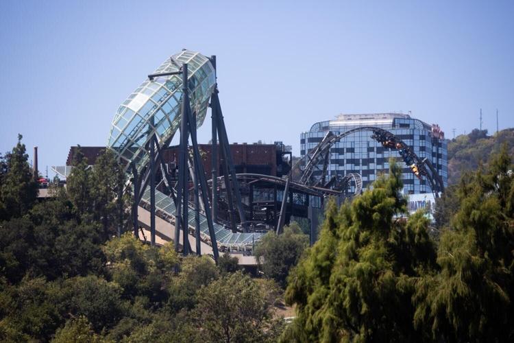 The Fast& Furious: Hollywood Drift roller coaster seen from the Toluca Lake neighborhood on Thursday, July 23, 2026 in Los Angeles, CA. The Fast& Furious: Hollywood Drift roller coaster at Universal Studios Hollywood has resulted in noise complaints fro...