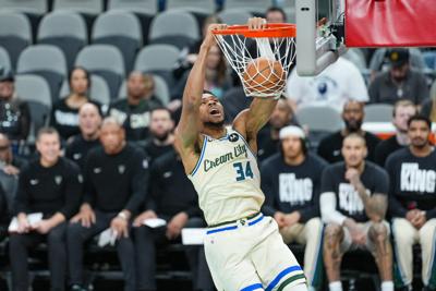 Forward Giannis Antetokounmpo dunks during a Milwaukee Bucks game against the San Antonio Spurs on Jan. 15, 2026.