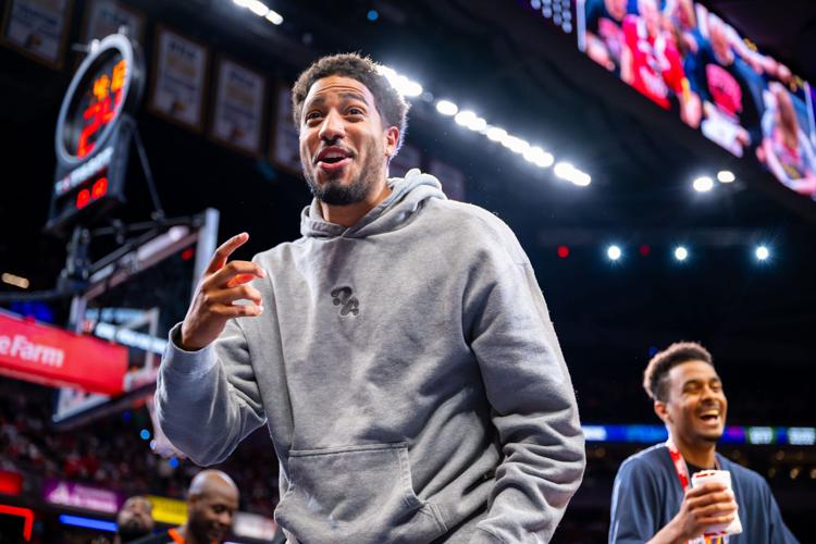 Indiana Pacers point guard Tyrese Haliburton reacts after using a t-shirt canon to shoot souvenirs into the stands during the second half of an WNBA basketball game, between the Indiana Fever and the Seattle Storm Sunday, May 17, 2026, at Gainbridge Fieldh