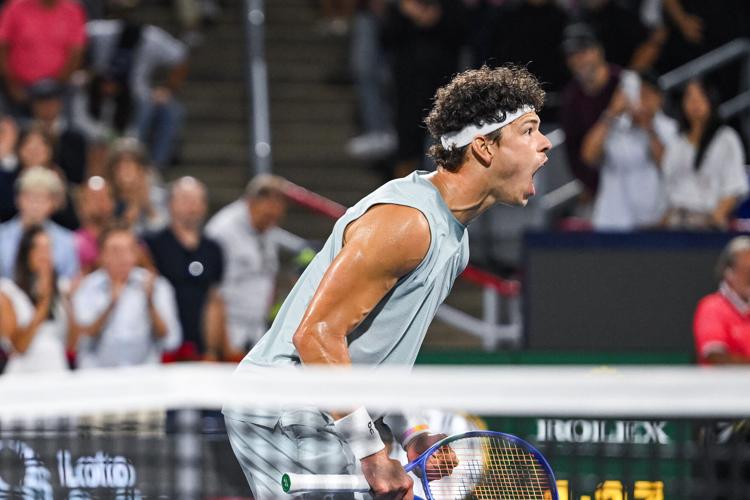 Ben Shelton reacts after his win in the singles final over Brandon Nakashima (USA) at IGA Stadium.