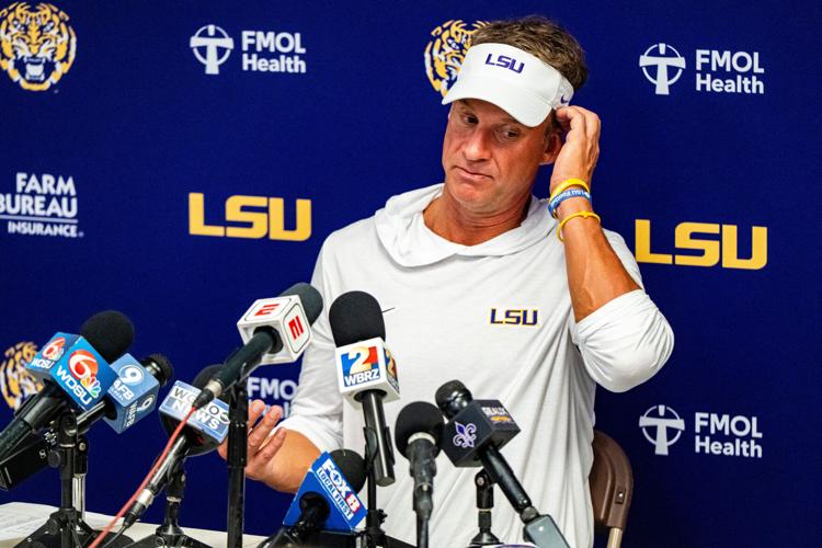 LSU head coach Lane Kiffin answers questions during a press conference after a college football game between Ole Miss and LSU at