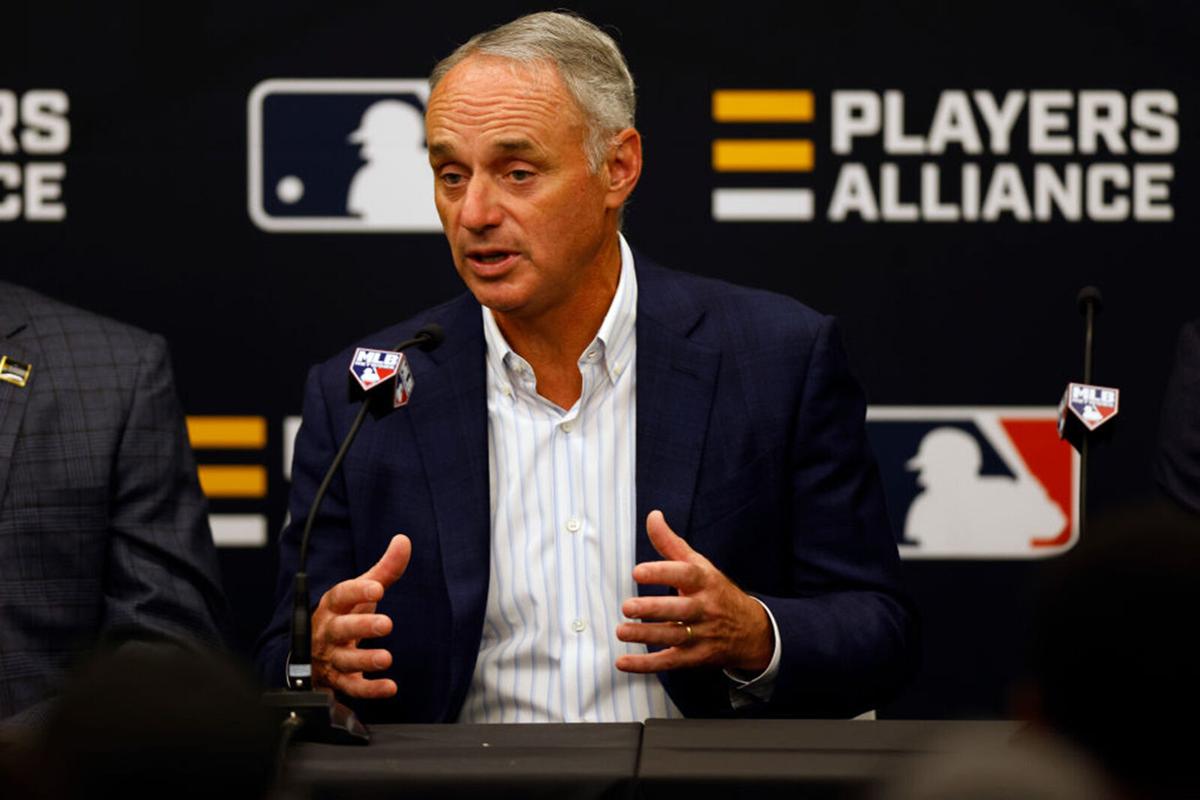 Commissioner of Baseball Robert D. Manfred Jr. speaks during a press conference announcing a partnership with the Players Alliance during the Gatorade All-Star Workout Day at Coors Field on July 12, 2021 in Denver, Colorado.