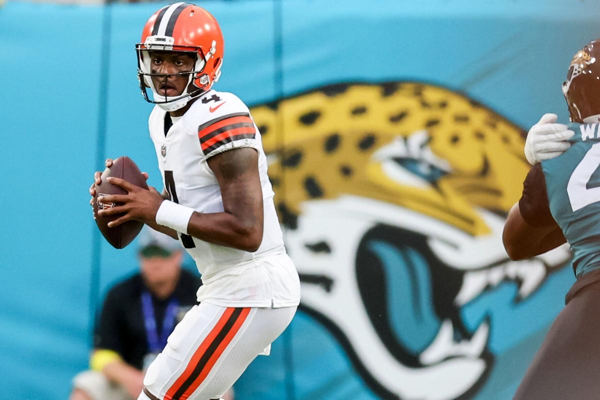 Cleveland Browns quarterback Deshaun Watson looks to throw against the Jacksonville Jaguars during a preseason game at TIAA Bank Field on Aug. 12, 2022, in Jacksonville, Florida.