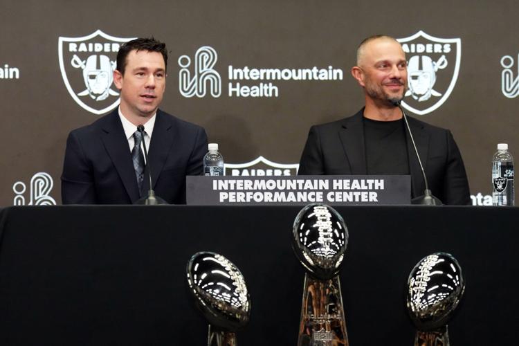 Feb 10, 2026; Henderson, NV, USA; Las Vegas Raiders coach Klint Kubiak (left) and general manager John Spytek at introductory press conference at Intermountain Health Performance Center. Mandatory Credit: Kirby Lee-Imagn Images
