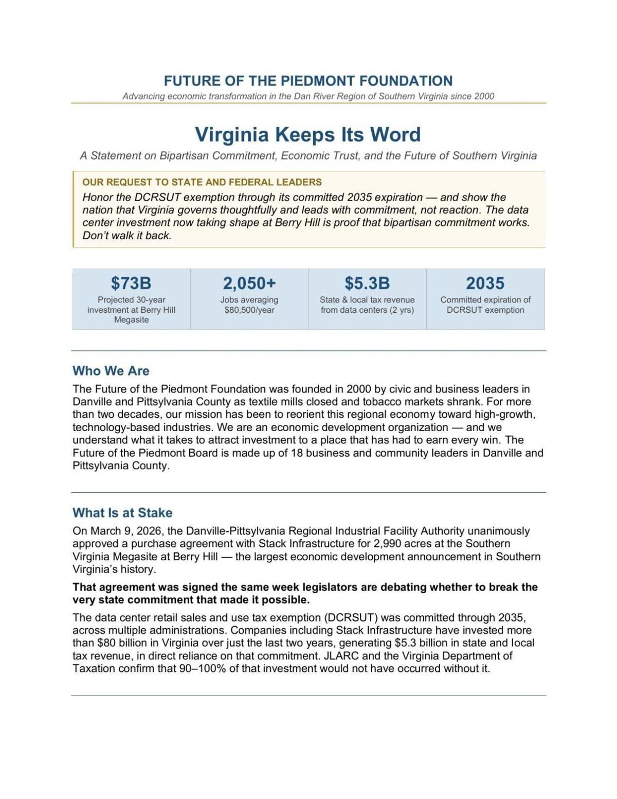 Future of the Piedmont Foundation release