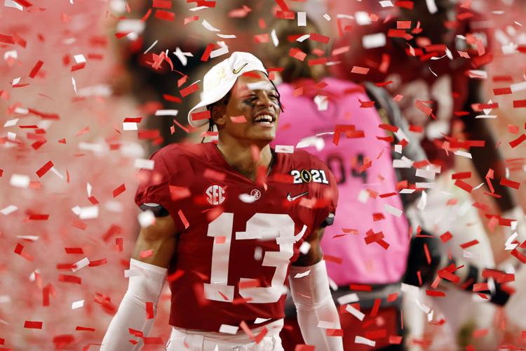 Malachi Moore #13 of the Alabama Crimson Tide celebrates following the College Football Playoff National Championship game win over the Ohio State Buckeyes at Hard Rock Stadium on Jan. 11, 2021 in Miami Gardens, Florida.