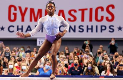 Simone Biles competes on the beam during the U.S. Gymnastics Championships at Dickies Arena in Fort Worth, Texas, on June 4, 2021.
