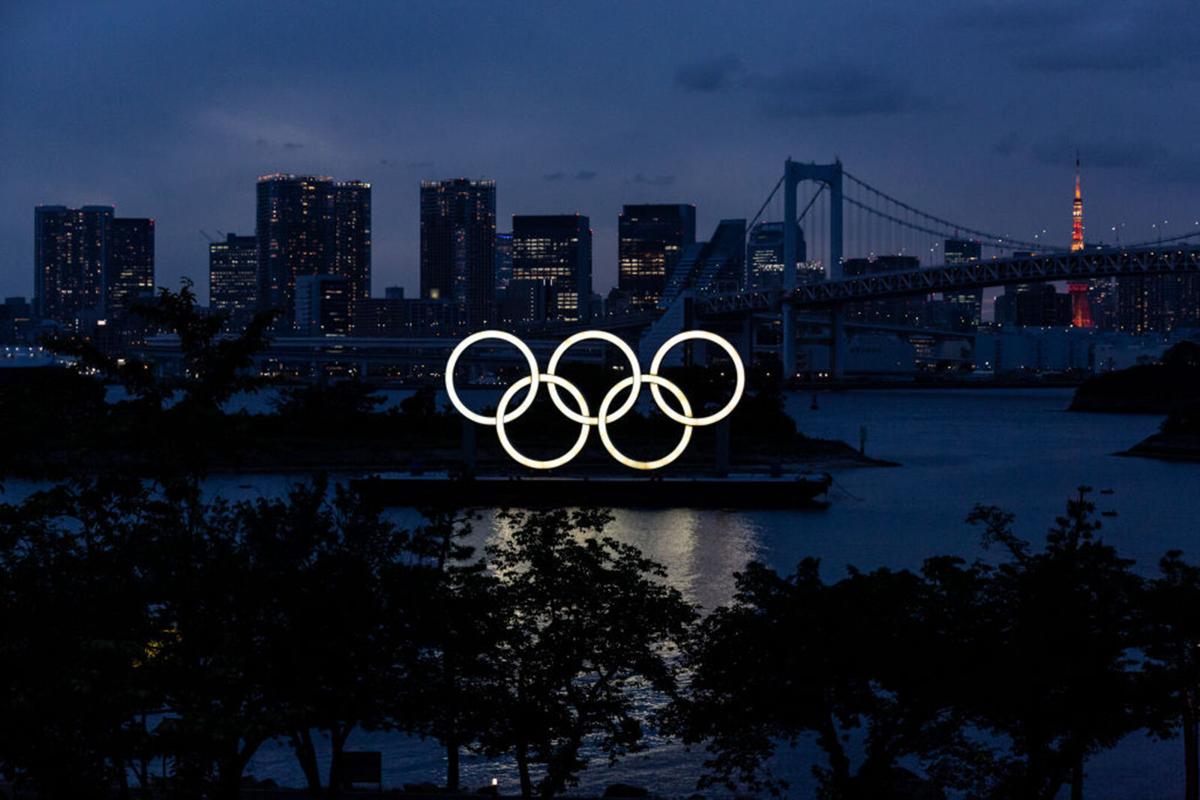 The Olympic Rings are displayed by the Odaiba Marine Park Olympic venue on June 03, 2021 in Tokyo, Japan.