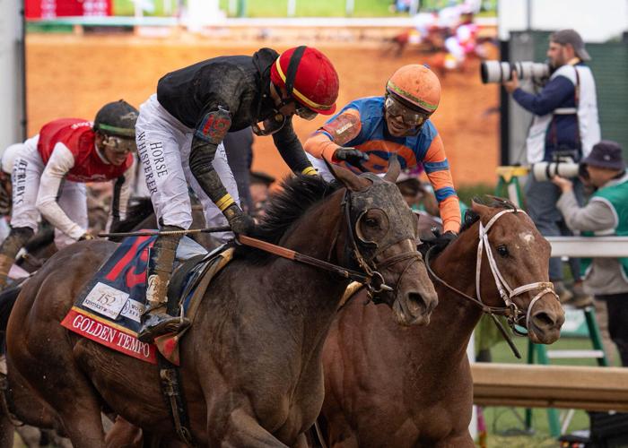 May 2, 2026; Louisville, KY, USA; Golden Tempo jockey Jose Ortiz, left, is congratulated by his brother, Irad Ortiz Jr., after the 152nd running of the Kentucky Derby at Churchill Downs. Mandatory Credit: Jeff Faughender/USA TODAY NETWORK via Imagn Images