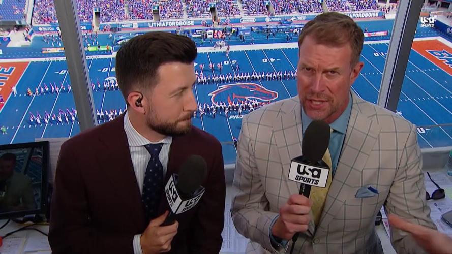 Ryan Leaf (right) alongside Nate Gatter during the USA Sports broadcast of Boise State vs. Memphis on Saturday, Sept. 12, 2026.