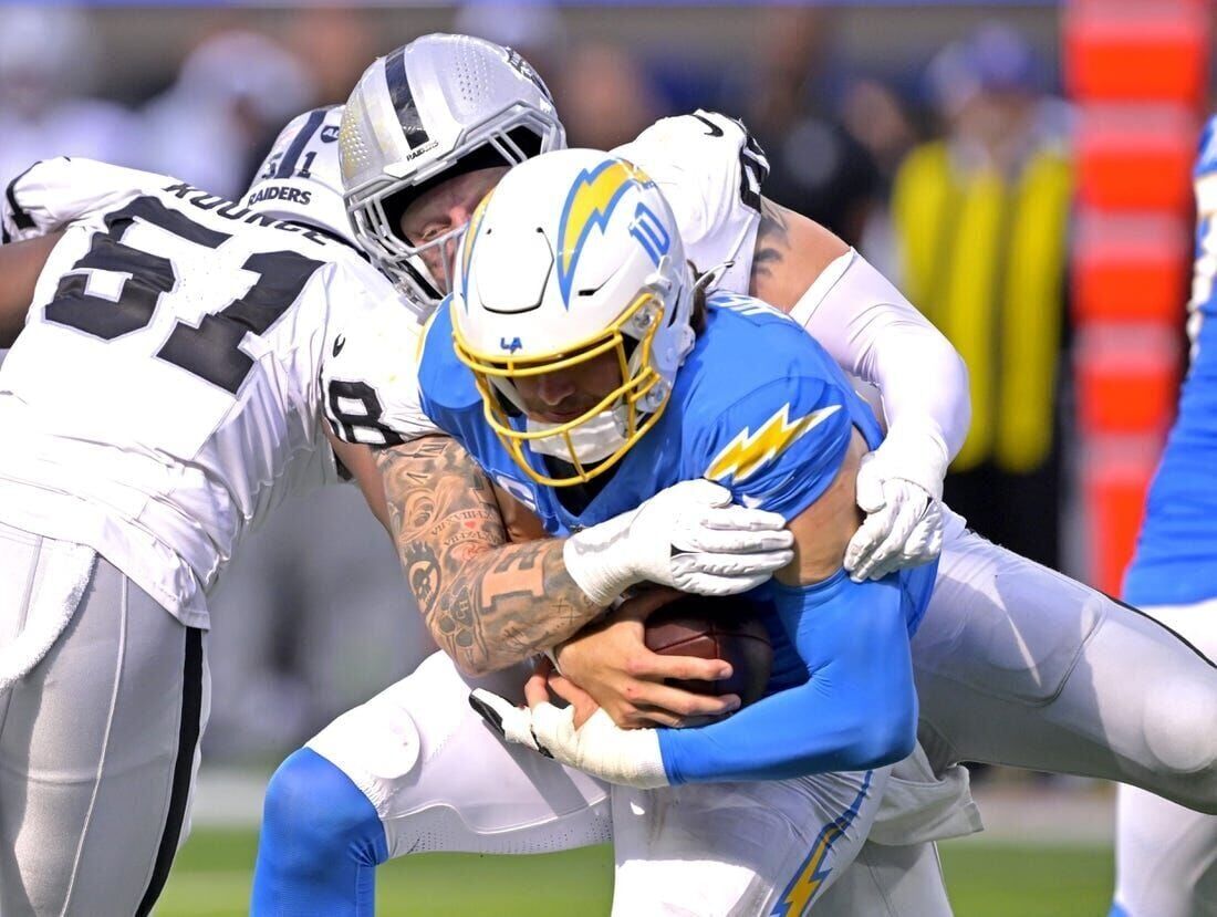 Oakland Raiders defensive end Maxx Crosby (98) reacts next to