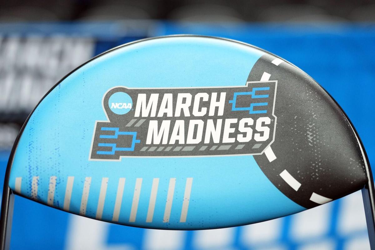 A chair with the March Madness logo during practice day ahead of the NCAA Tournament at Moda Center on Wednesday, March 18, 2026, in Portland.