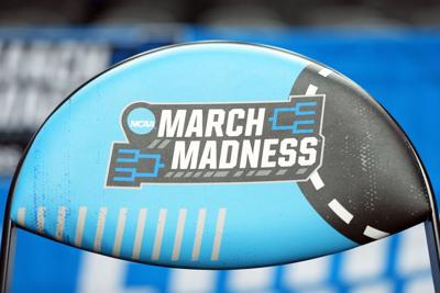 A chair with the March Madness logo during practice day ahead of the NCAA Tournament at Moda Center on Wednesday, March 18, 2026, in Portland.