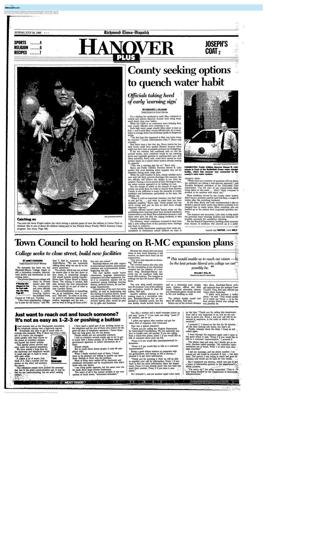 hanover reservoir article 1992