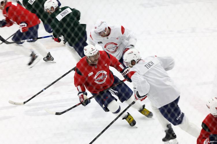 NHL star Alex Ovechkin takes part in a team practice in Arlington, Virginia
