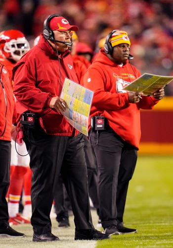Kansas City Chiefs head coach Andy Reid (left) and offensive coordinator Eric Bieniemy look on from the sideline during a 2021 game against the New York Giants at GEHA Field at Arrowhead Stadium in Kansas City, Missouri.