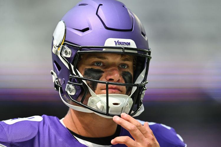 Aug 9, 2025; Minneapolis, Minnesota, USA; Minnesota Vikings quarterback J.J. McCarthy (9) warms up before the game against the Houston Texans at U.S. Bank Stadium. Mandatory Credit: Jeffrey Becker-Imagn Images