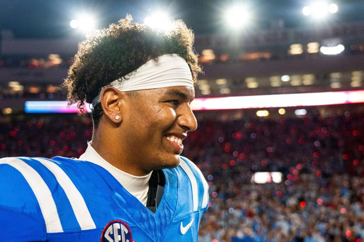 Ole Miss quarterback Trinidad Chambliss (6) smiles after a college football game between Ole Miss and LSU at Vaught Hemingway Stadium in Oxford, Miss., on Saturday, Sept. 19, 2026. Ole Miss defeated LSU 32-24.