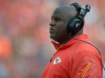 Oct 20, 2013; Kansas City, MO, USA; Kansas City Chiefs running backs coach Eric Bieniemy during the game against the Houston Texans at Arrowhead Stadium. The Chiefs defeated the Texans 17-16. Mandatory Credit: Kirby Lee-USA TODAY Sports (copy)