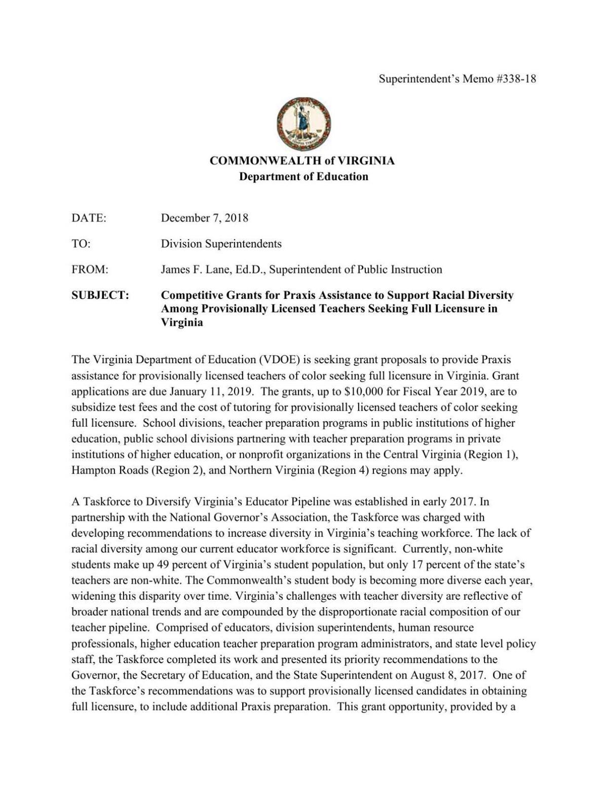 Superintendents Memo December 2018