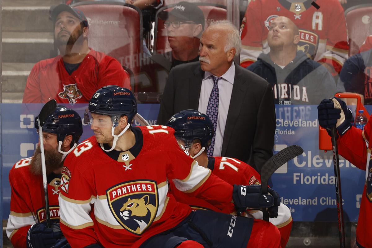Florida Panthers Head coach Joel Quenneville of the Florida Panthers looks up ice during a line change against the Boston Bruins at the FLA Live Arena on October 27, 2021 in Sunrise, Florida.